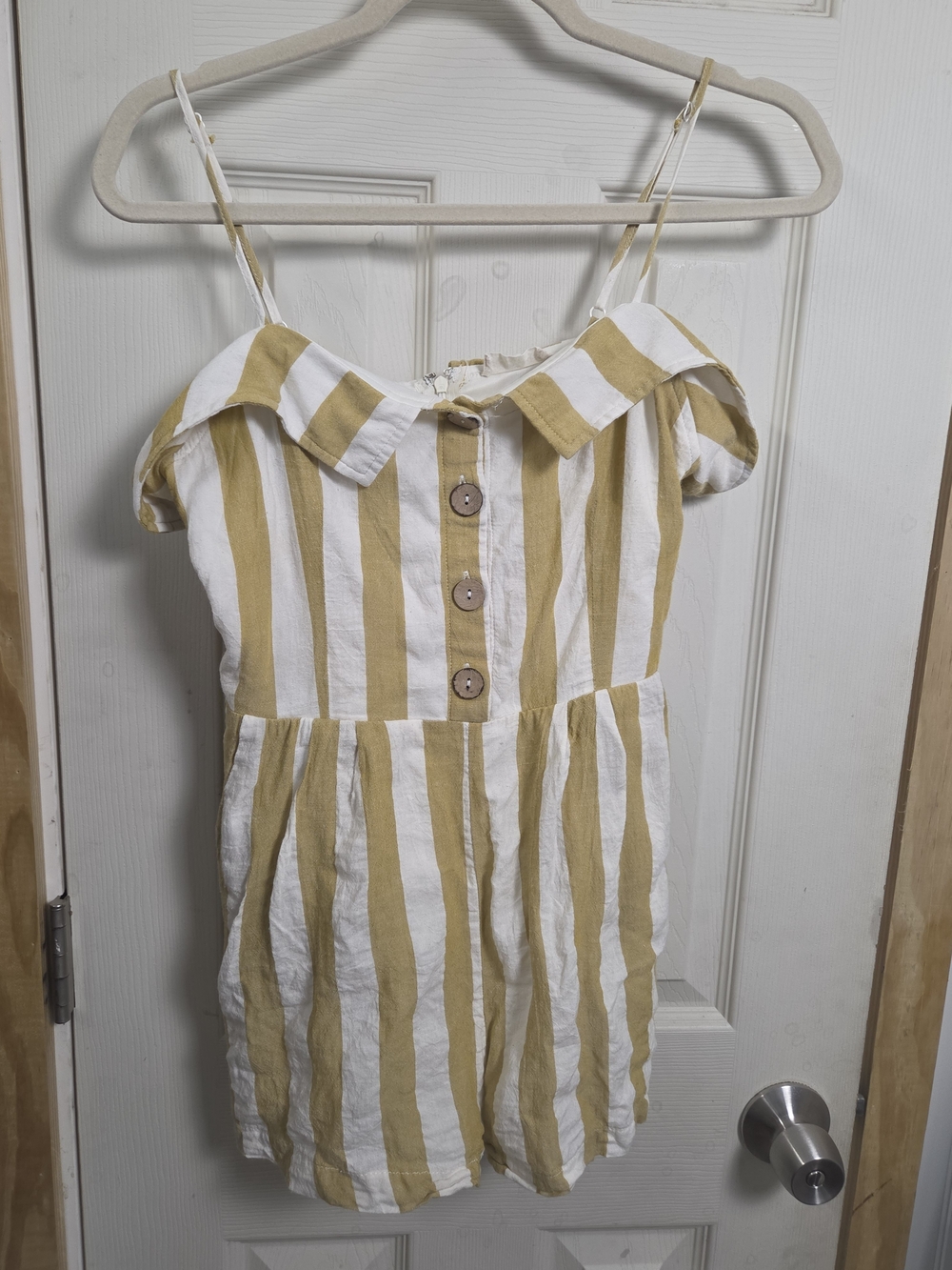 Off-Shoulder Romper Altar'd State White and Mustard-Stripe